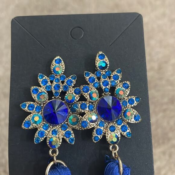 Natasha Blue Tassel Fringe Rhinestone Dangle Post Statement Earrings - Picture 3 of 3